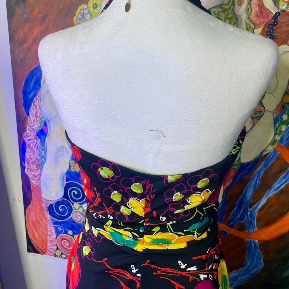 90s David Meister colorful floral halter neck asymmetrical hem dress size 6 - Picture 4 of 8